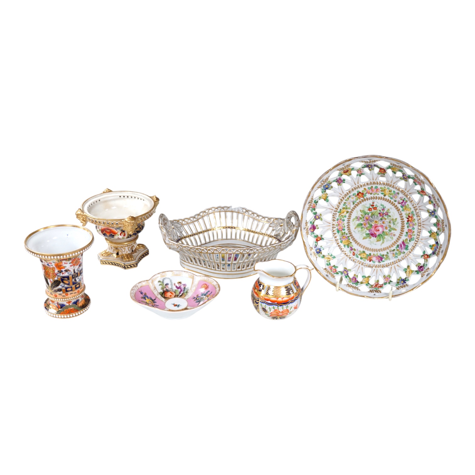 Three Imari pattern ceramic pots, a Crook’s pierced floral decorated plate, diameter 21cm, a pierced Dresden basket, and a small dish. Condition - fair to good.